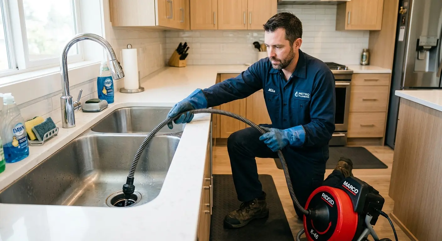Drain cleaning technician using a motorized snake on a kitchen sink in New Carlisle