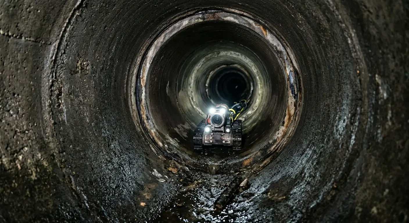 Robotic sewer camera inspecting pipe interior for Drain Snake Service in New Carlisle