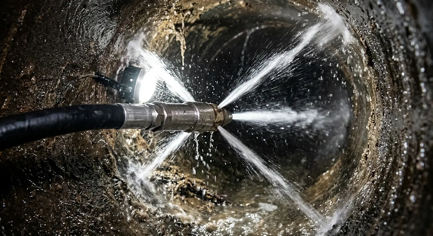 High-pressure hydro jetting nozzle cleaning sewer pipe for Sewer Cleanout in New Carlisle