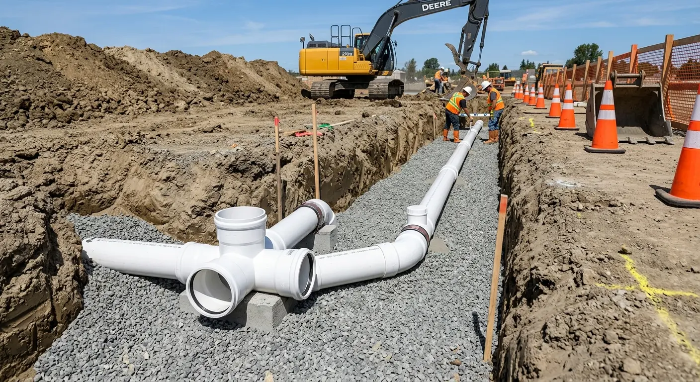New PVC sewer pipe installation in open trench for Commercial Drain Cleaning in New Carlisle